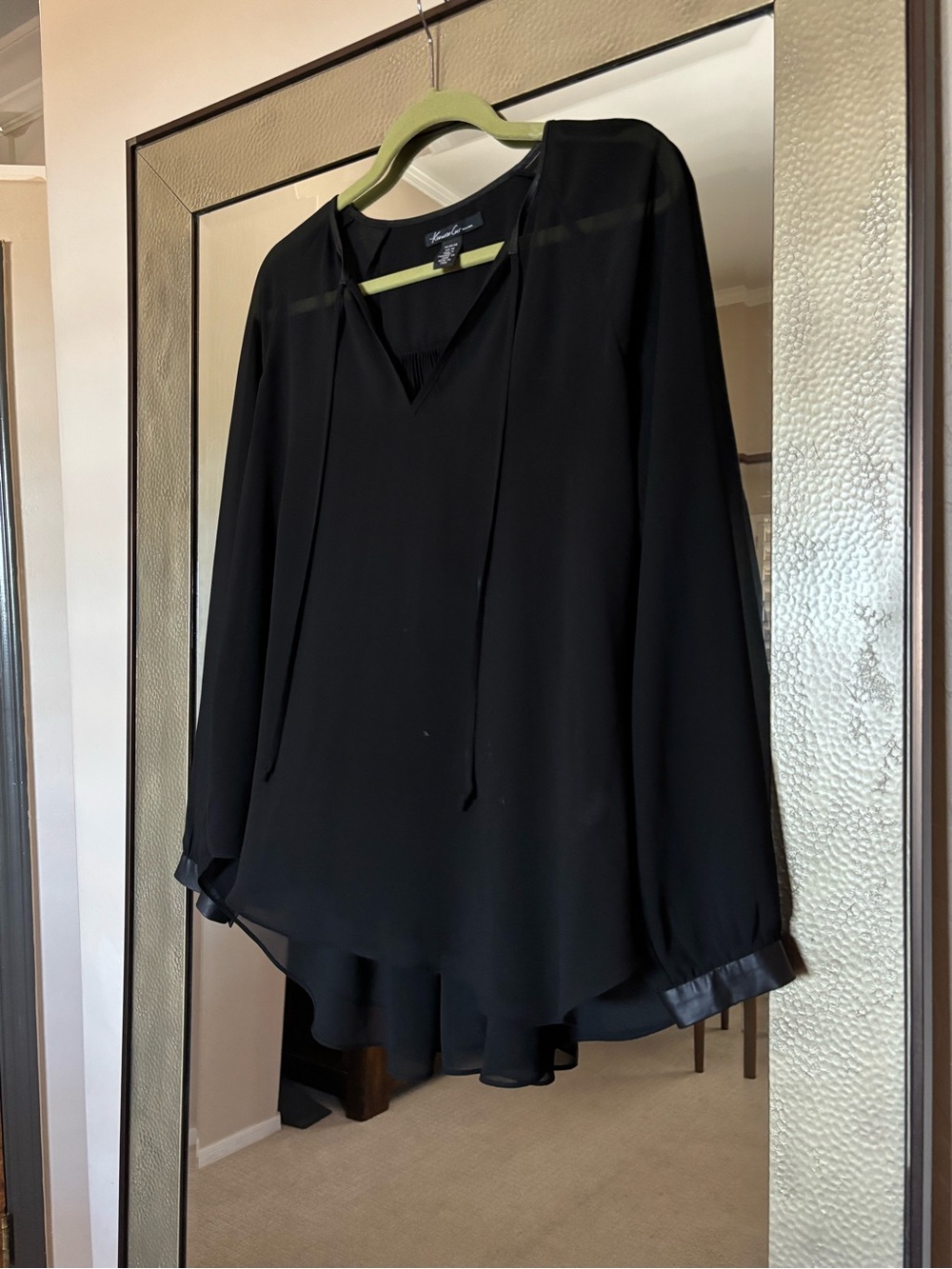 Kenneth Cole Black Long-Sleeve V-Neck Tie Blouse